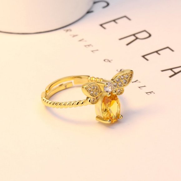 NEW 18K Gold Citrine Diamond Bee Adjustable Ring - Picture 3 of 5